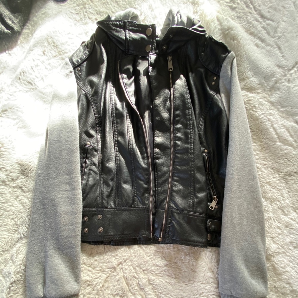 Grey and black leather jacket